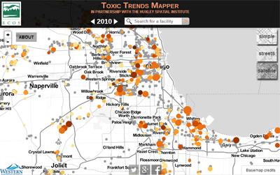 Toxic Trends Mapper showing air pollution levels over Chicago, Illinois