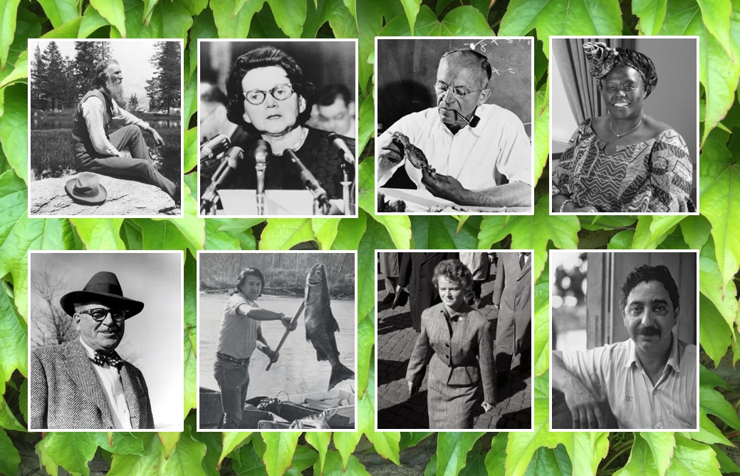 A set of eight black and white portraits of conservationists.