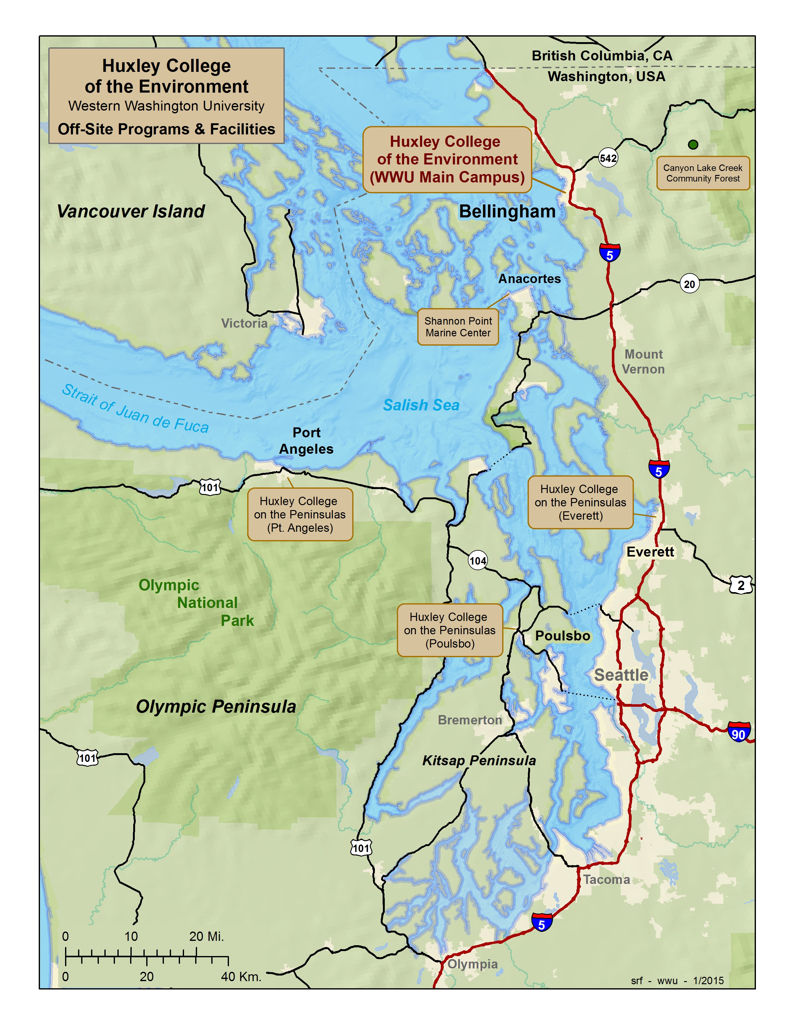Map of Western Washington highlighting Huxley Colleges and Shannon Point Marine Center
