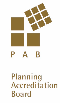 Planning Accreditation Board (PAB) three squares in the shape of an L with a cube angled across the open L