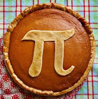 Pumpkin pie with crust shaped into mathematical pie symbol on top