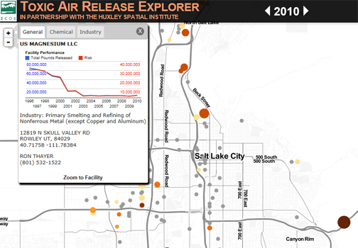 Dots on a map of Salt Lake City, Utah, showing Toxic Air Release Explorer program.