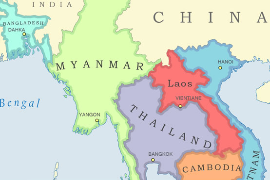 Map of countries like China, Myanmar, and Thailand with Bengal Sea to left