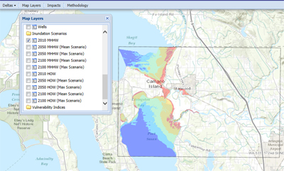 The Puget Sound Coastal Resilience tool showing the mean-high-high-water inundation scenario for the Stiliguamish delta