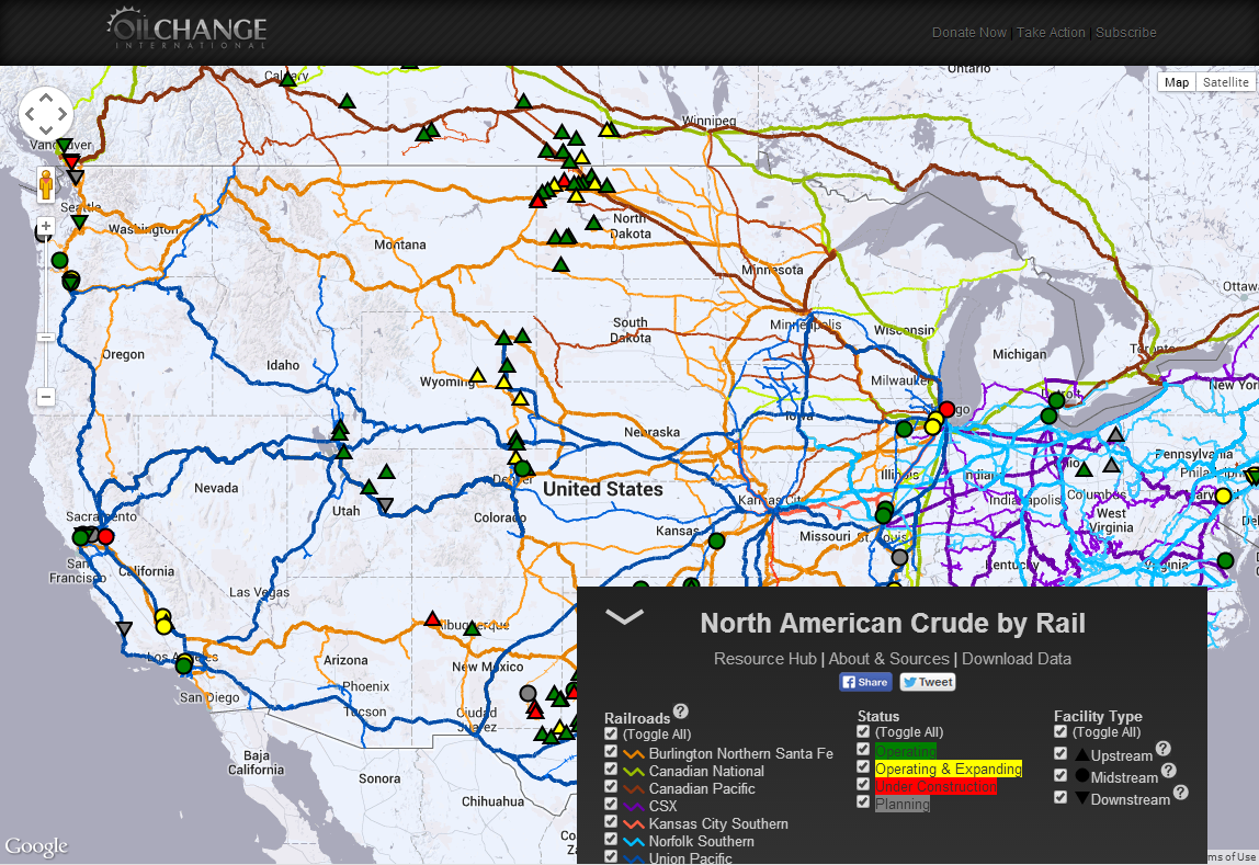 Crudy by rail map developed by the Spatial Institute and hosted on the priceofoil.org website.