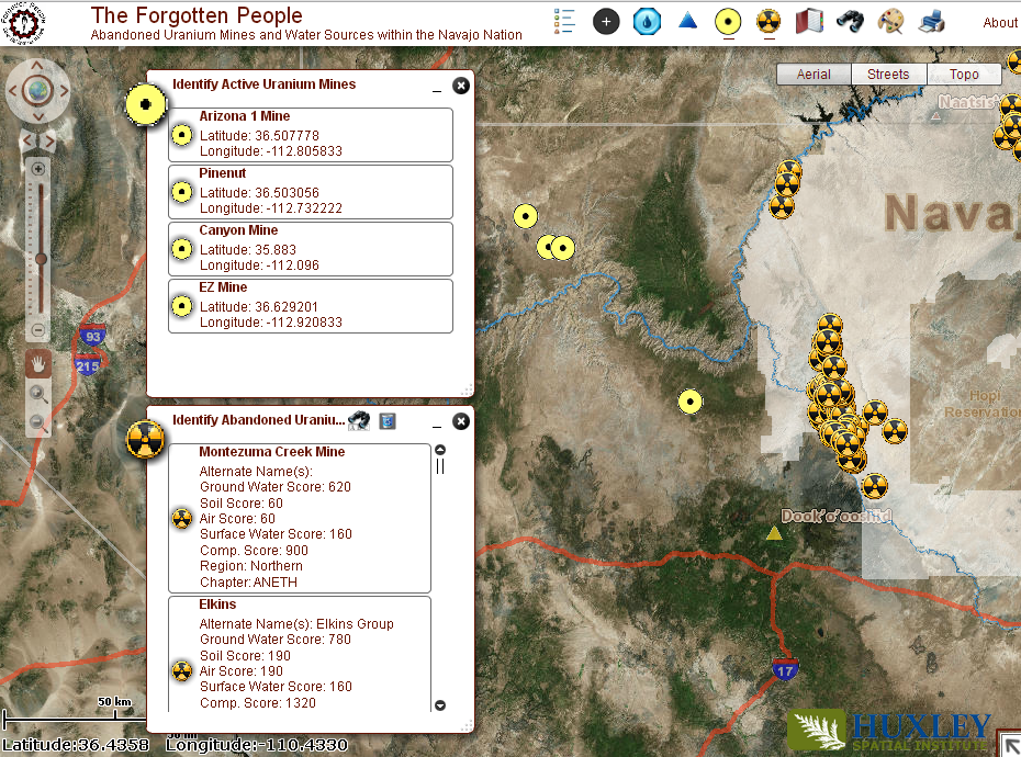 The Forgotten People web map showing active and abandoned uranium mines in and near the Navajo Nation in the Southwest United States