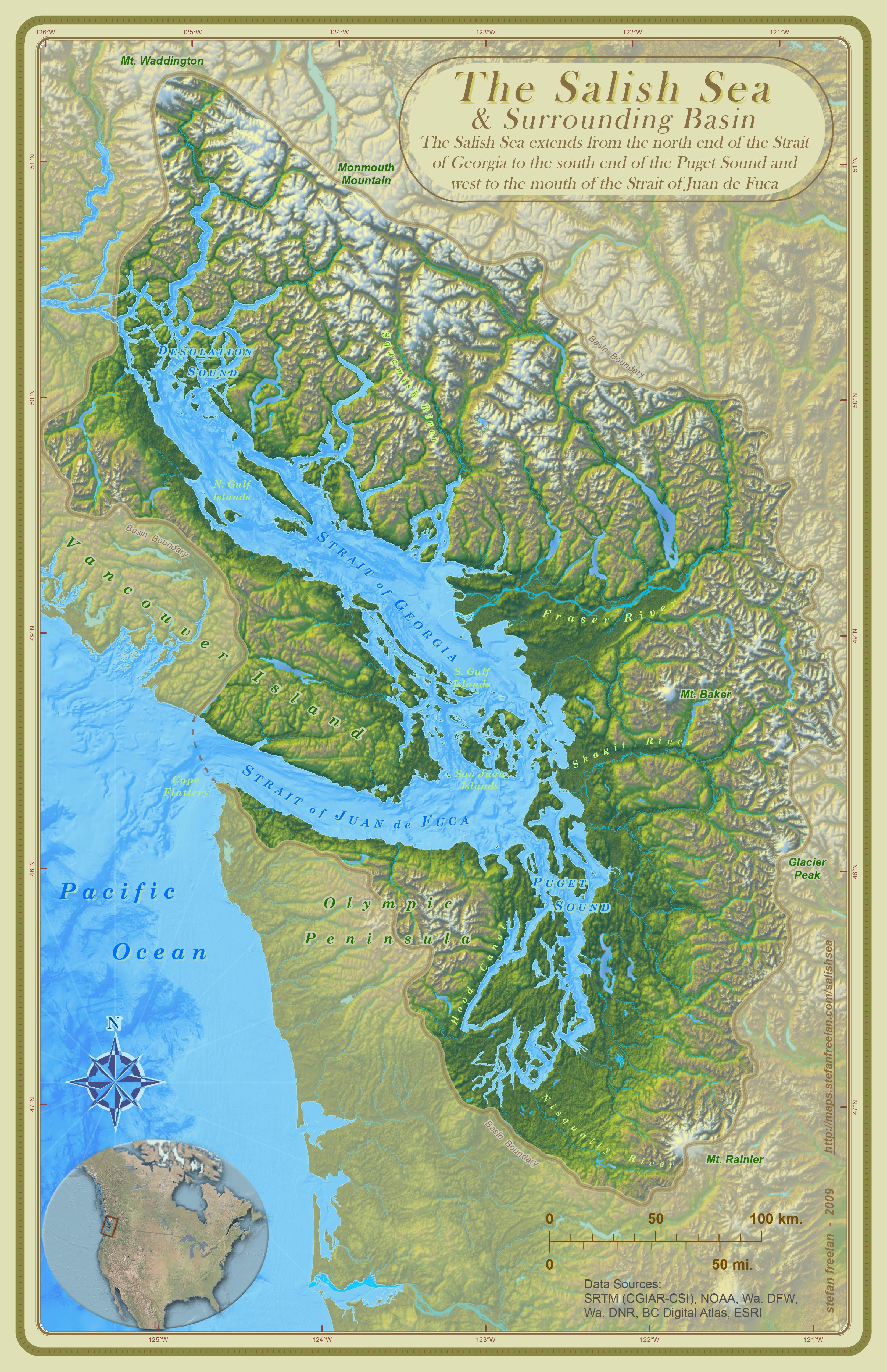 Map of the Salish Sea and Surrounding Basin. Designed by Spatial Institute Cartographer, Stefan Freelan