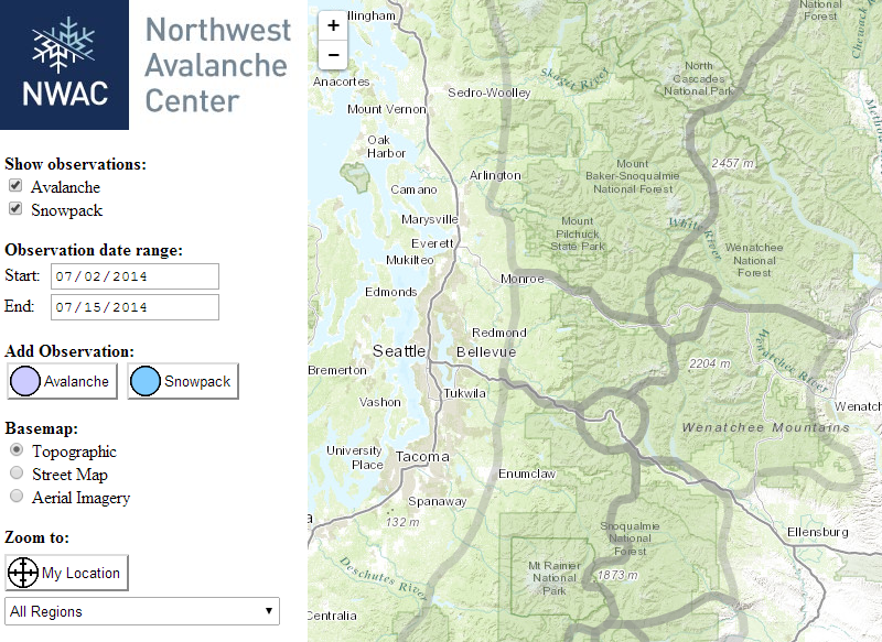 Interactive map for reporting snowpack and avalanche conditions to the Northwest Avalanche Center