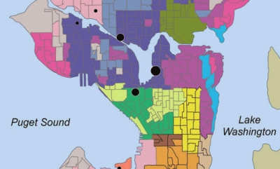 Map of the Greater Seattle Area, divided into various colored sections