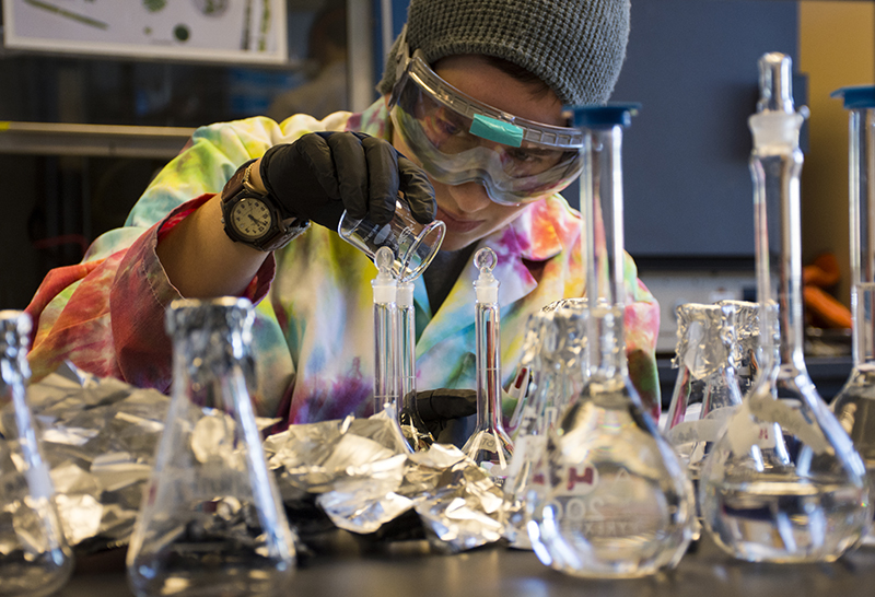 
  
    A photo of a student in a tie dyed lab coat, safety goggles, and gloves pours liquid from a small erlenmyer flask into a beaker  
