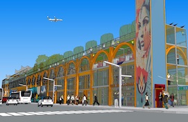 A rendered outdoor plaza with a large mural on the front facing tower