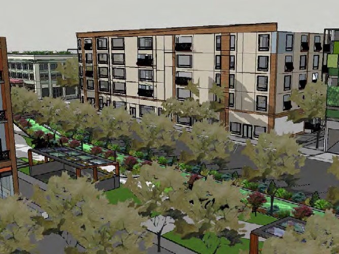 Rendering showing a street surrounded by apartment buildings, with trees, grass and a bike path lining one side of the street.