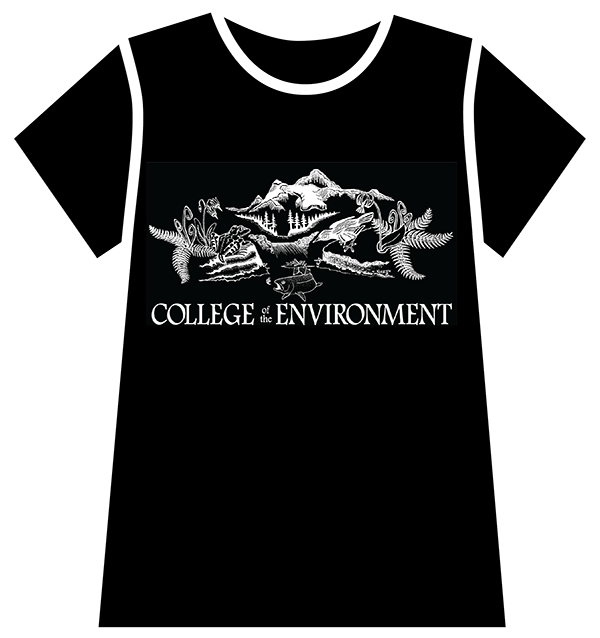 Illustration showing a black tee with College of the Environment text and graphic