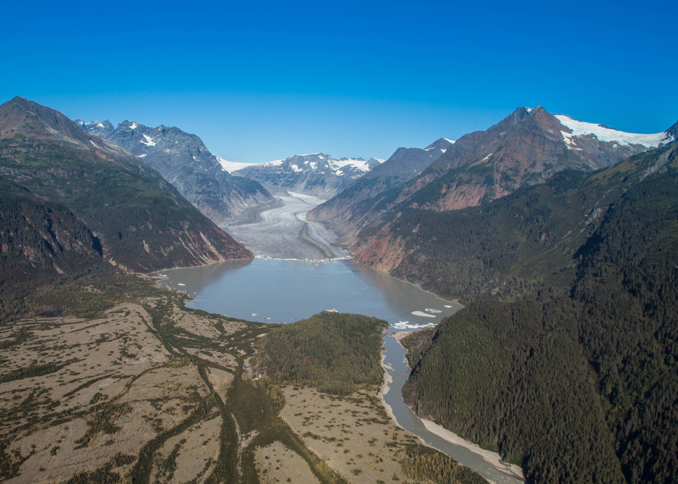 A view of the watershed: glacial water drainage bounded by high ridge lines.