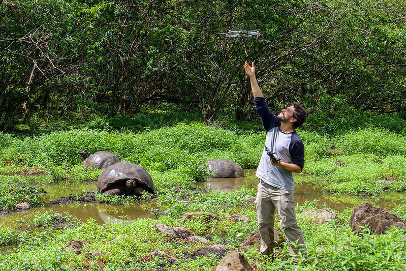 Dr. Laso uses a drone to conduct field research in the Galápagos Islands.