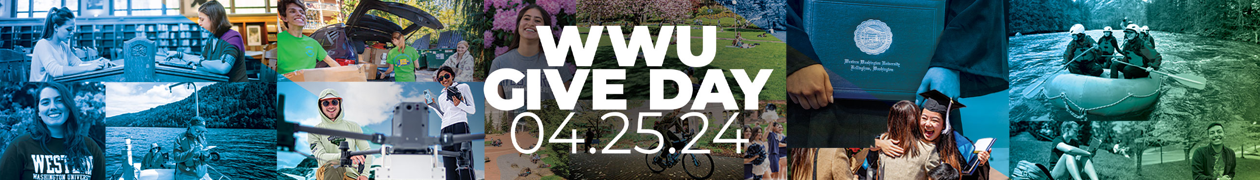 Collage of images of students doing various activities with text reading "WWU GIVE DAY 04.25.24"
