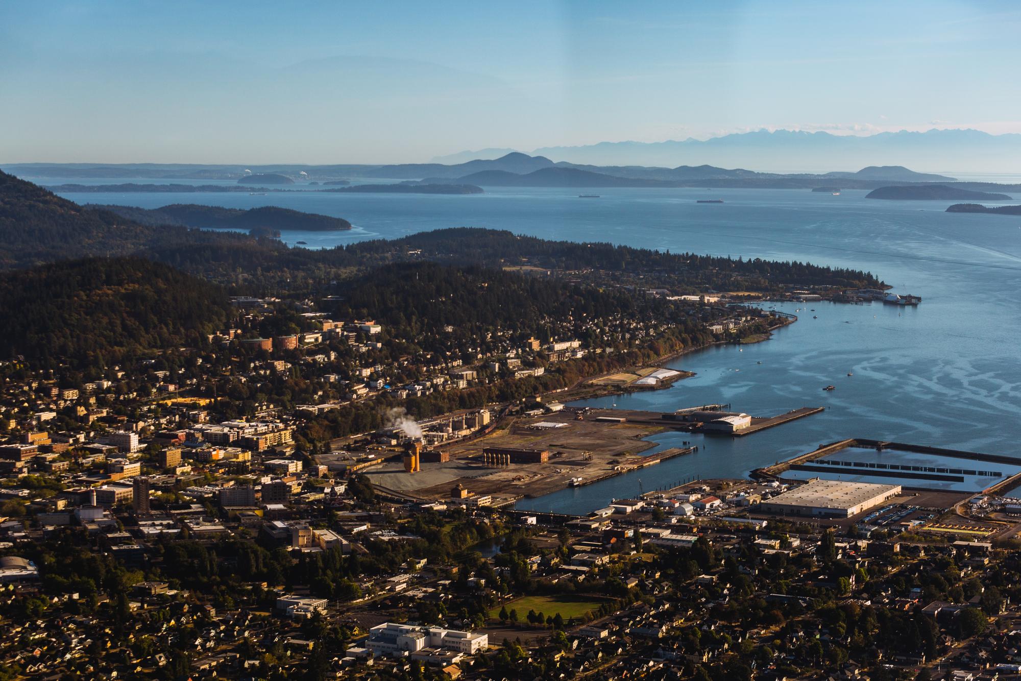 Aerial view of WWU, Bellingham, Bellingham Bay and beyond on a sunny day