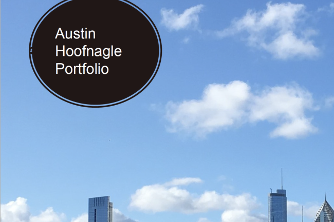 Austin Hoofnagle's portfolio with name in a black circle over a cityscape with blue sky and clouds