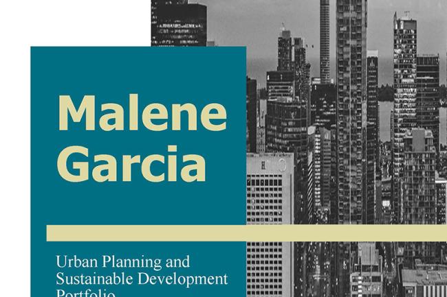 Malene Garcia's name on a green box over a black and white cityscape