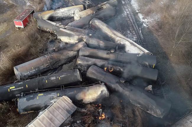 An accordion-like stack of oil cars on fire in Ohio