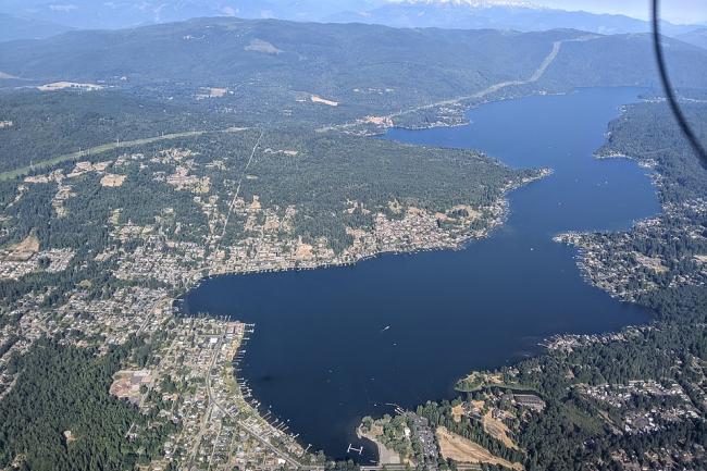 Aerial of Lake Whatcom looking south from over Whatcom Falls Park