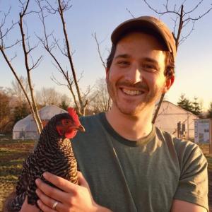 Alex Harris holding a rooster on a farm 