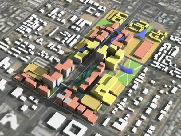 3d rendering of a conceptual neighborhood from above. Multiple buildings shown in color span several blocks, surrounded by smaller buildings shown in white.