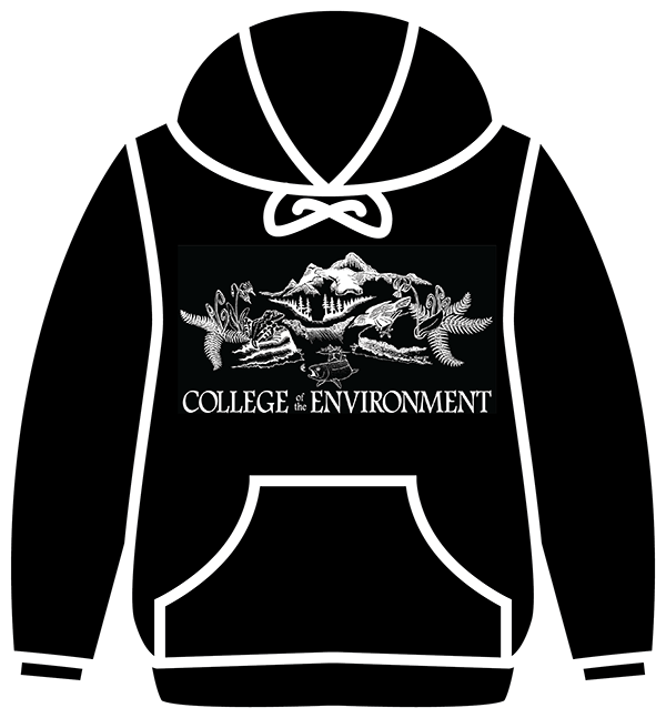 Illustration showing a black hoodie with College of the Environment text and graphic
