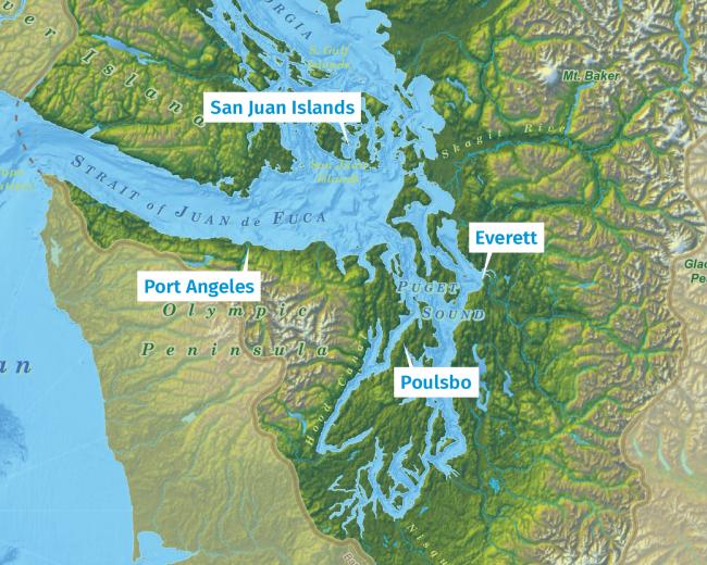 A map of northwest Washington showing Everett, Port Angeles, Poulsbo, and the San Juan Islands