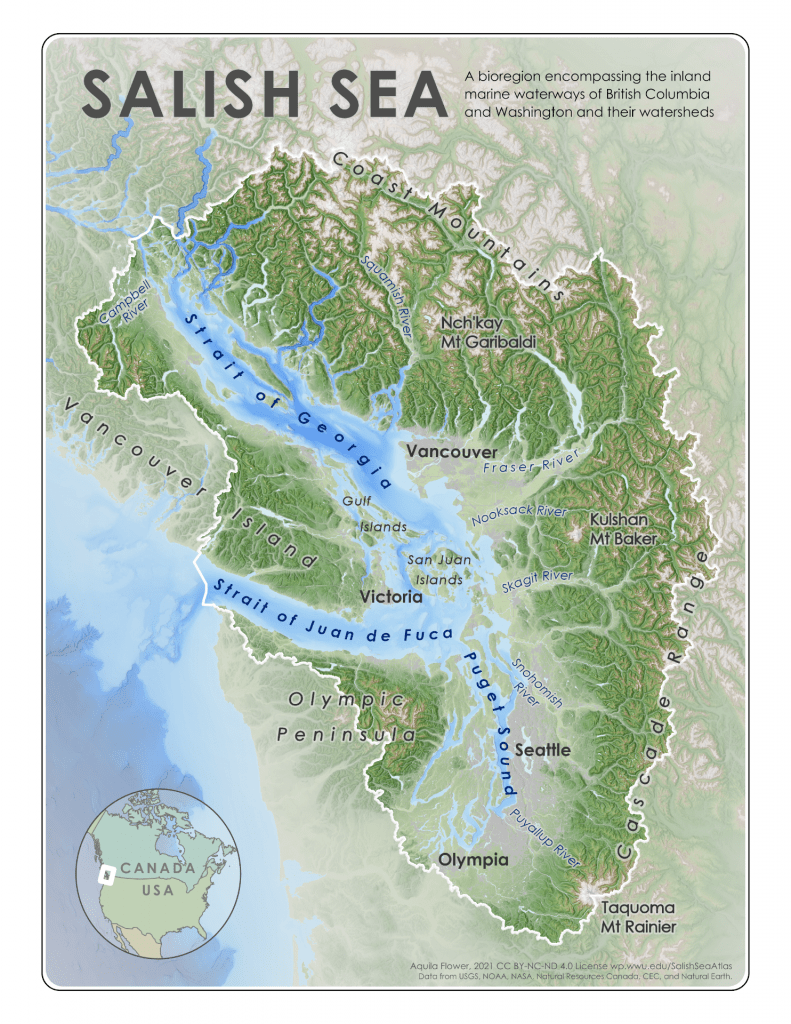 Boundaries of the Salish Sea with major waterways, cities, and physical features labeled.