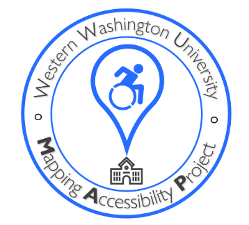 Wheelchair logo over a clipart of an academic building in a circular logo. WWU Mapping Accessibility Project circles this logo.