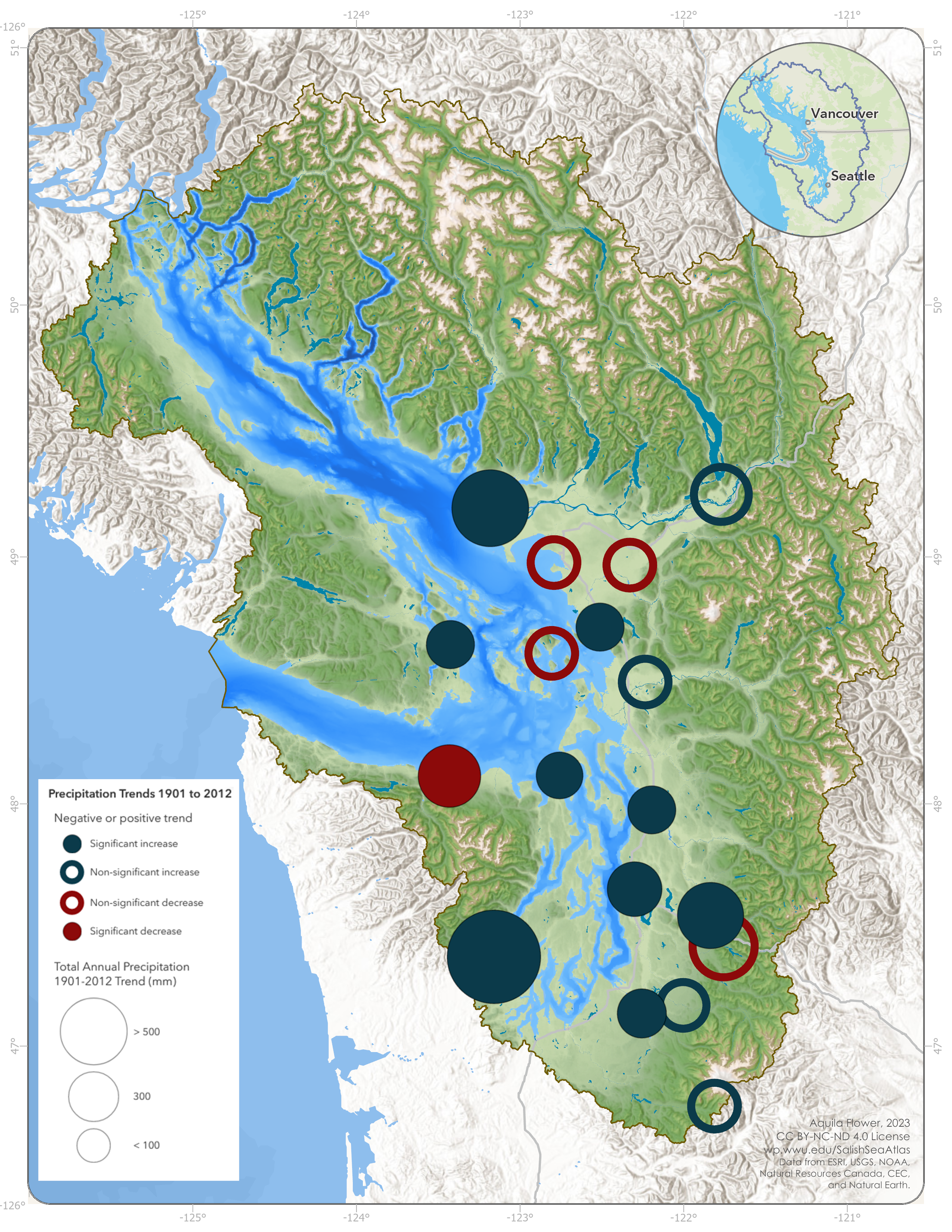 Precipitation trends in the Salish Sea watersheds, shown with graduated symbology.