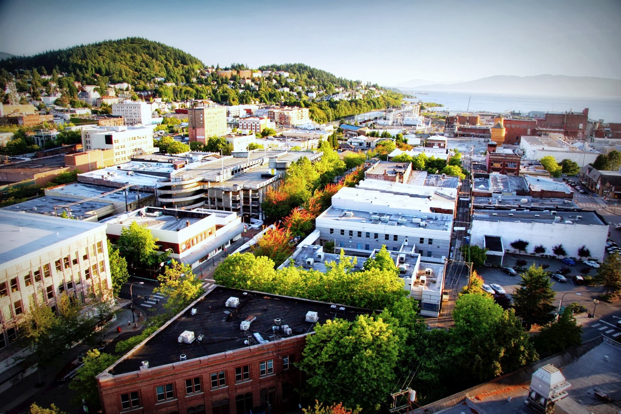 Downtown Bellingham at Sunset with a peekaboo view of the bay in the background.