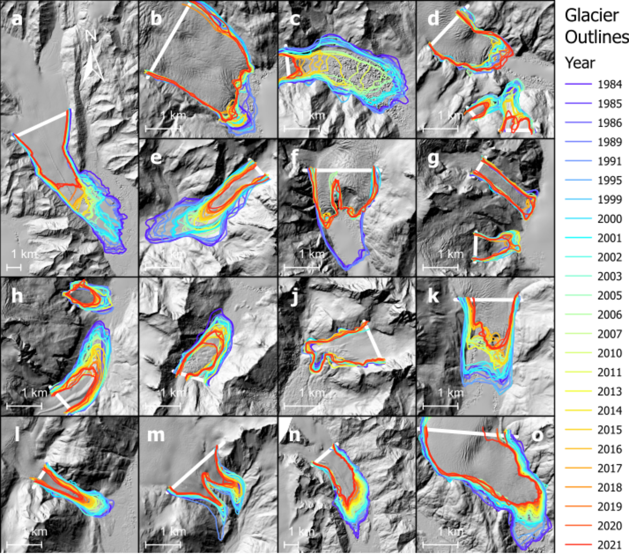 A figure illustrating the change in glacier coverage between 1984 and 2021 