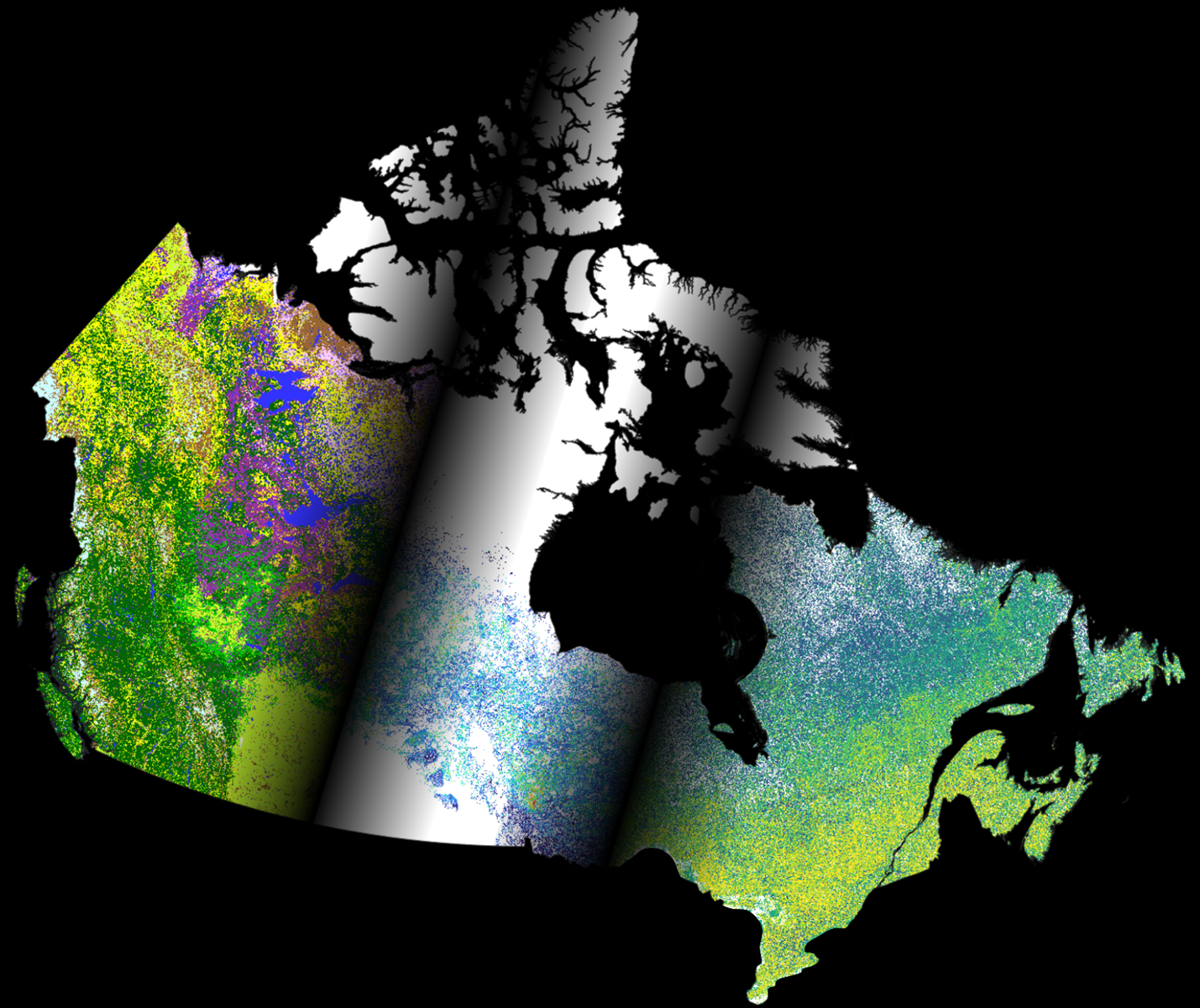 A rendered image of Canada colored by land cover type