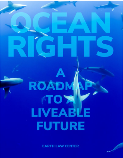underwater image of sharks with the text "Ocean Rights, a roadmap to a livable future"