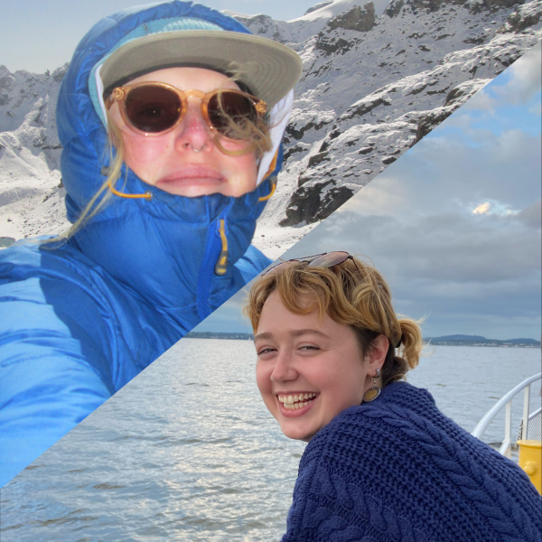 two photos combined, split diagonally, in the top left a student in a puffy blue jacket and sunglasses on the side of a mountain, on the bottom right a student in a large navy knit sweater leaning on the rail of a boat in calm seas..
