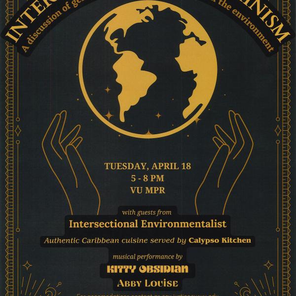 A black poster with gold text and designs for an Intersectional Ecofeminism event, centering a globe above open hands, with modern tarot-like motifs around the edge.