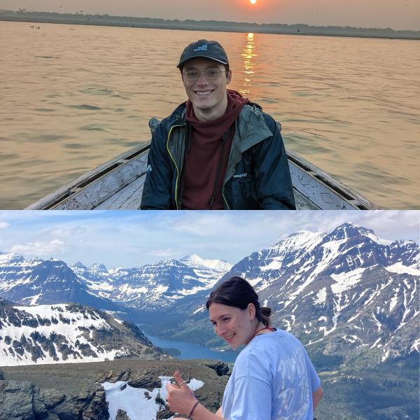 Two photos combined, one of a student in a small boat at sunset, another giving a thumbs up from a viewpoint overlooking a glacial valley